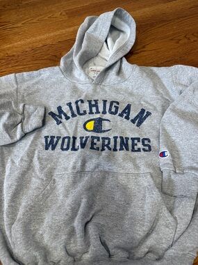Champion Gray Michigan Wolverines Hooded Sweatshirt with Navy and Yellow Logo